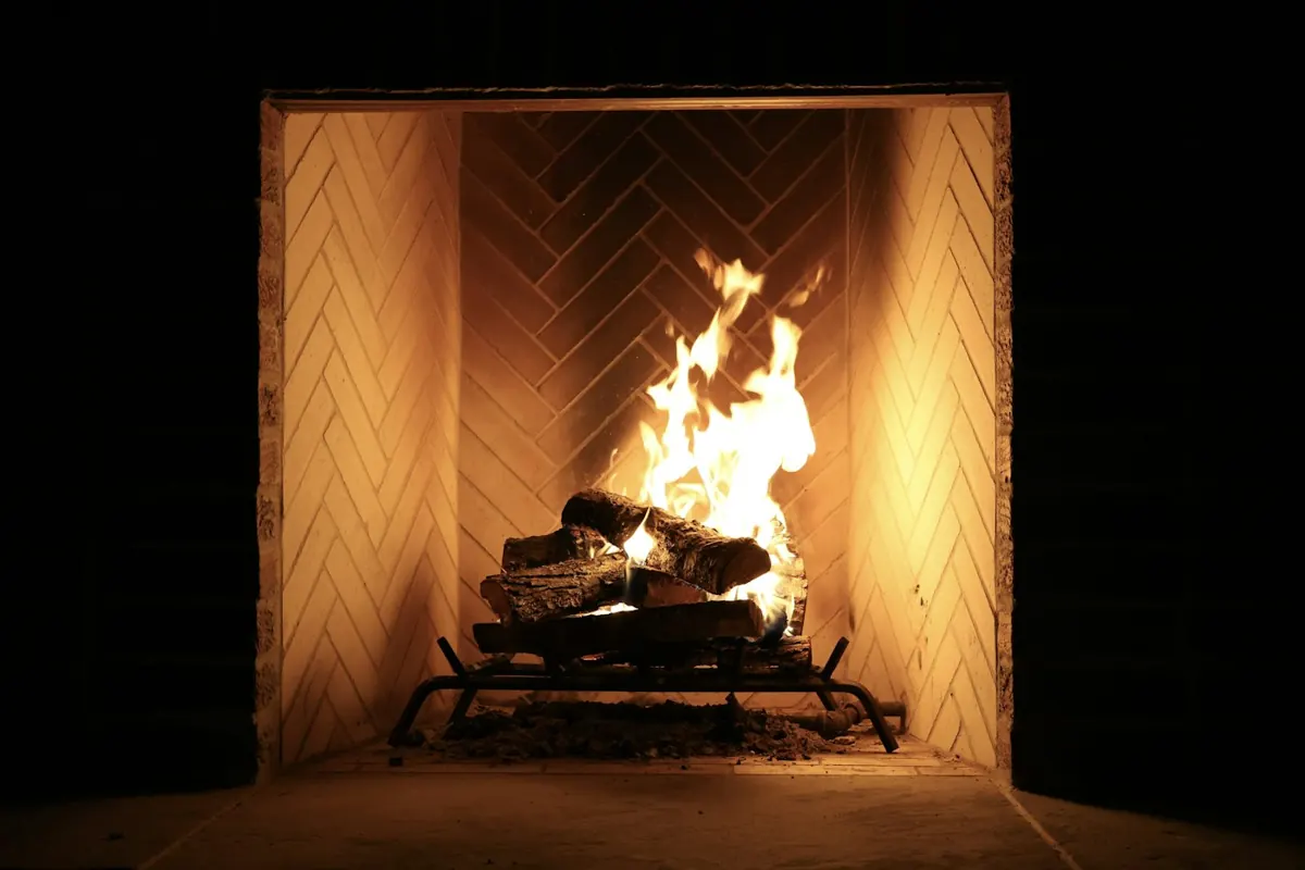 Wood fire burning in a fireplace