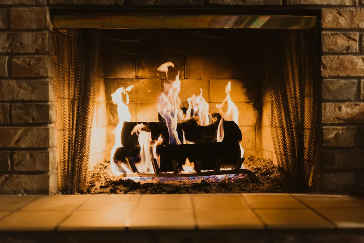 Fire in a stone fireplace